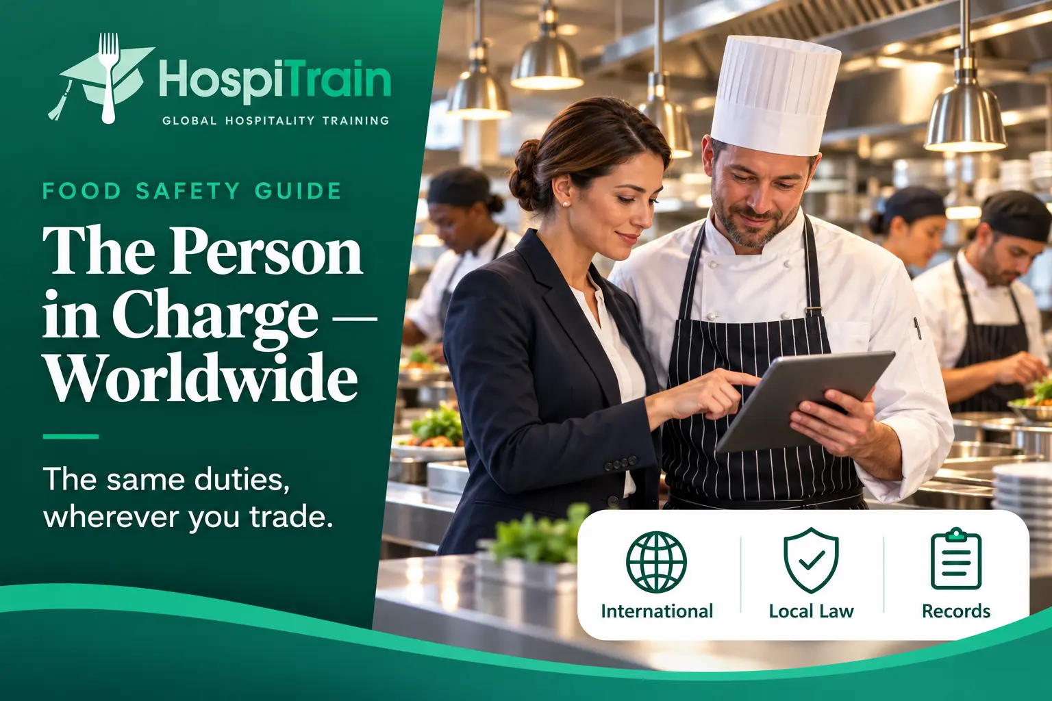 Person in Charge Worldwide — HospiTrain food safety guide Restaurant manager and head chef reviewing a food safety checklist on a tablet in a commercial kitchen — The Person in Charge, Worldwide